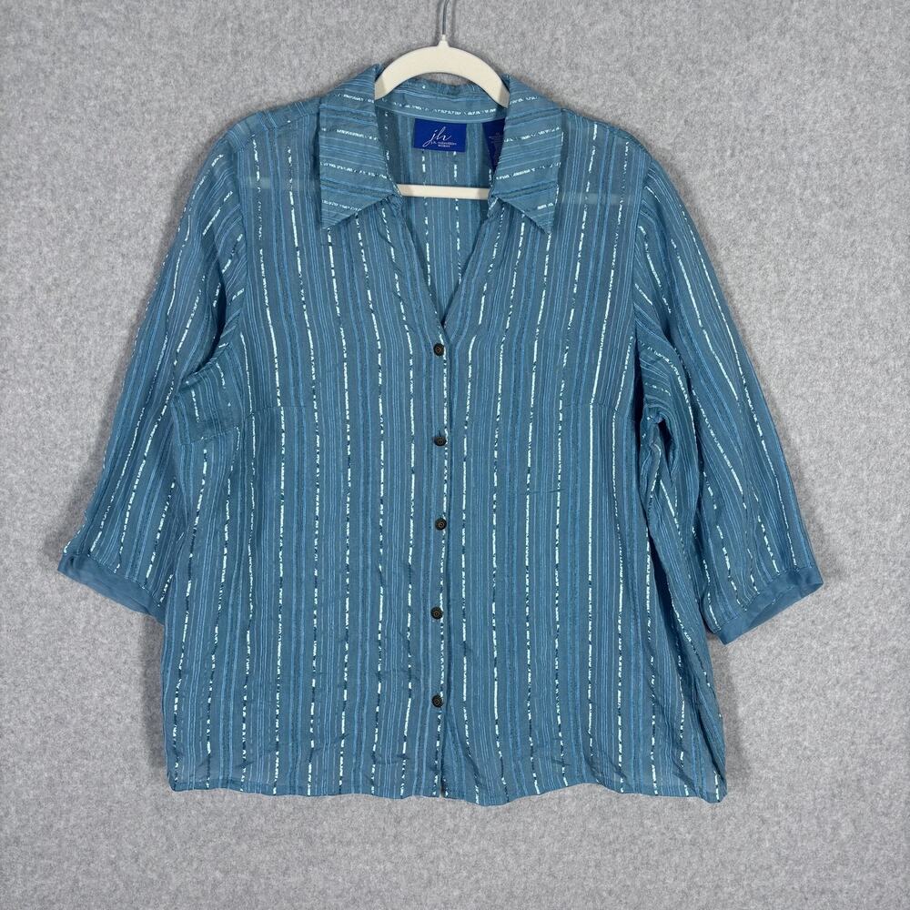 JH Collectibles Blouse 1X Teal Button Sheer Satin Textured Artsy Turquoise Thin